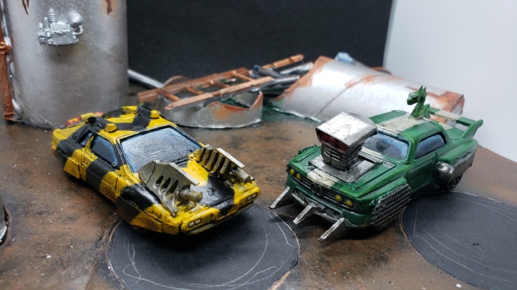 Black Car(Hazard Stripes) and Blue Car (Jade Serpent) Gaslands car
